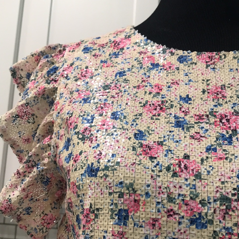 Zara Sequin Cropped Top Womens Small Cottagecore Barbiecore Ruffled Floral Boho - Picture 9 of 13